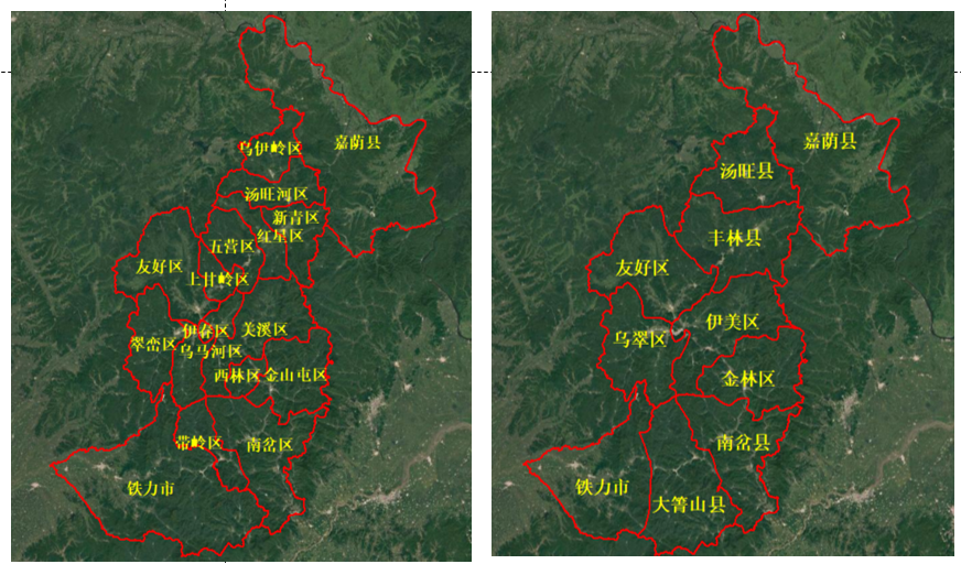 Administrative division map of Yichun City in early 2019 and early 2020
