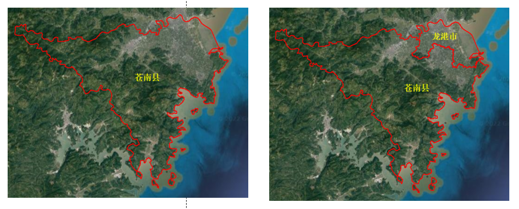 Administrative division map of Cangnan County in early 2019 and of Cangnan County and Longgang City in early 2020