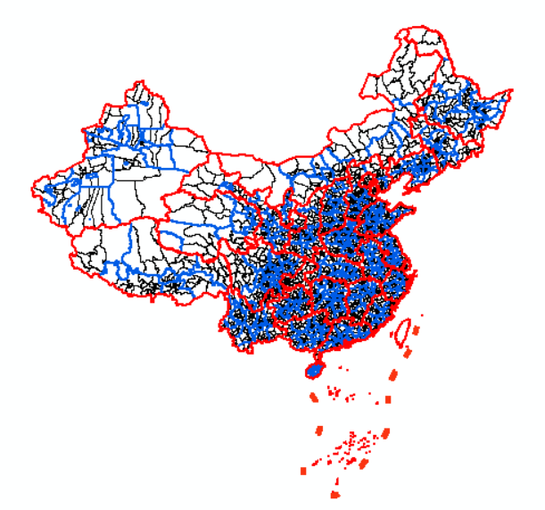 Merged display of early-2019 province-level, prefecture-level and county-level vectors