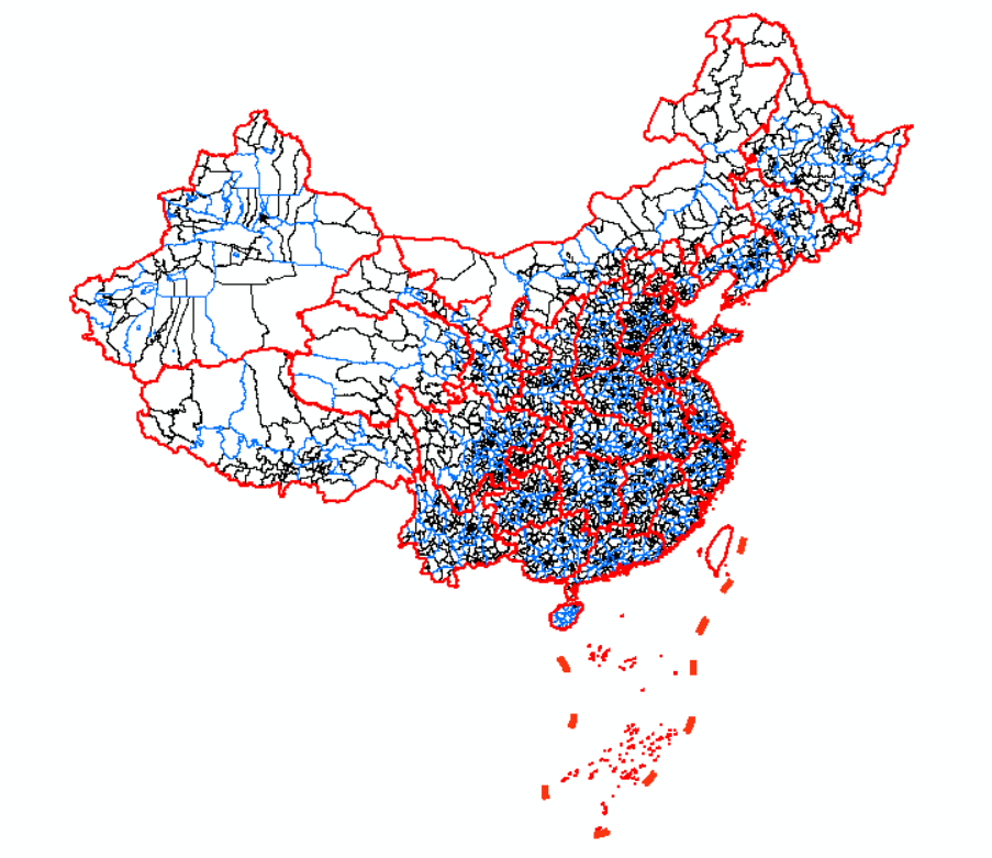 Combined Display of Province-, Prefecture-, and County-Level Vectors, Early 2018
