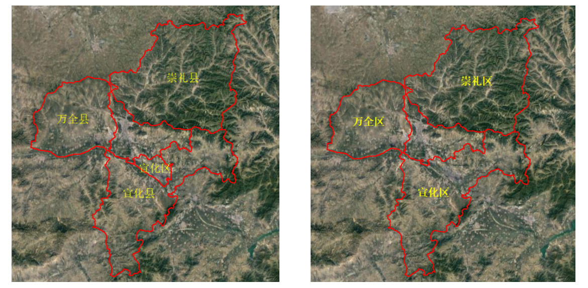 Change areas of Zhangjiakou City in early 2016 and early 2017