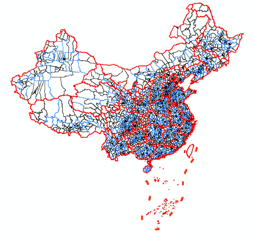 Merged vector display of province-level, prefecture-level, and county-level divisions, early 2016