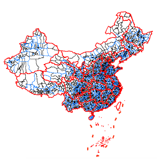 Combined display of early-2023 province-level, prefecture-level, and county-level vectors